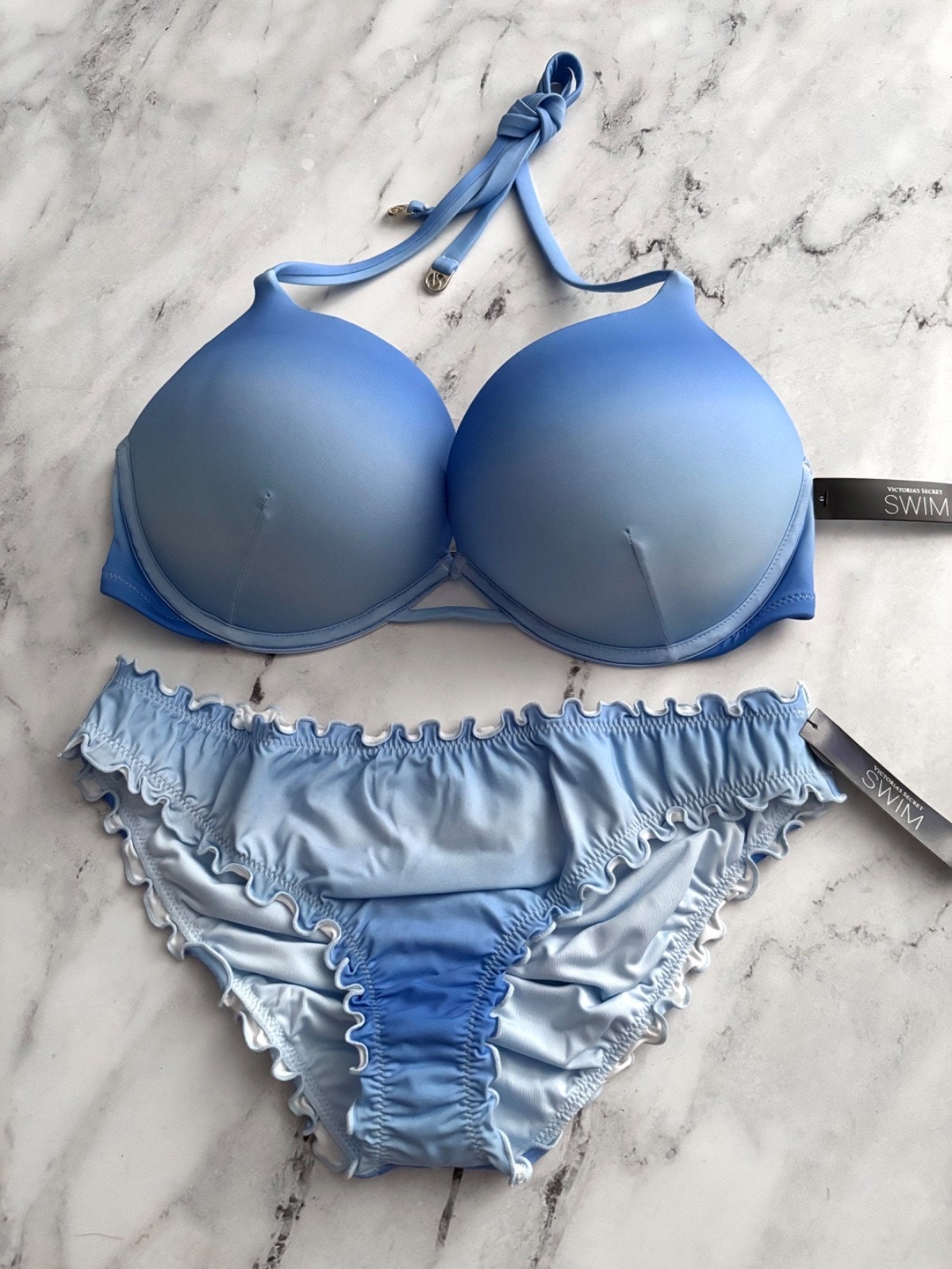 Victoria's Secret Swim Bikini Set Ombre Blue Bombshell Top Ruffle Cheeky 34dd S